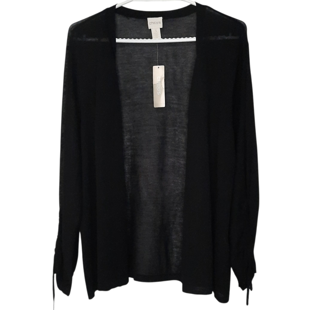 Chico's Rouched Sleeve Cardigan Open Front Sweater Womens Size 3 XL Black